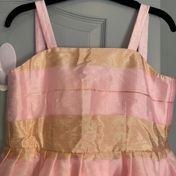 Show Me Your Mumu Pink Gold Stripe Organza Princess Dress Lace Up Flouncy O/S - Picture 3 of 14